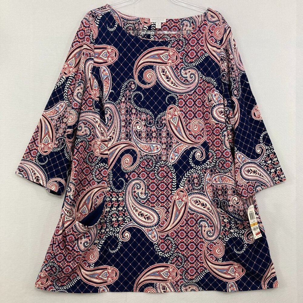 New Charter Club size 3X Navy Purple Paisley 3/4 Sleeve Pockets Stretch Tunic